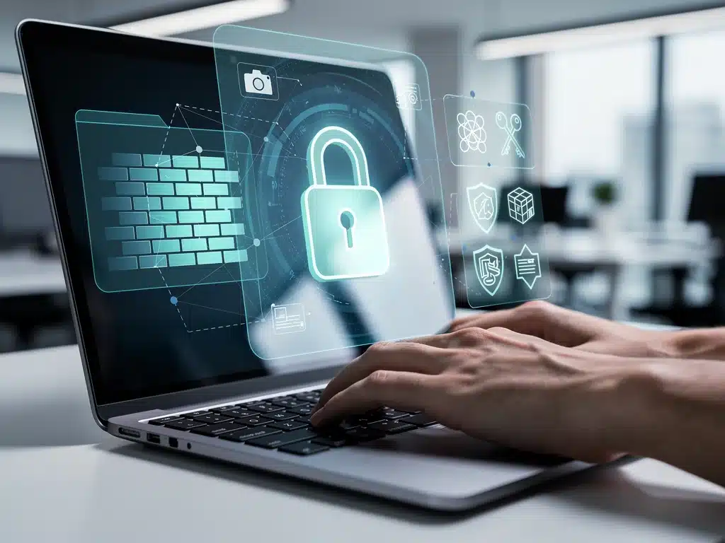 Hand typing on laptop, implementing cybersecurity solutions for data protection.