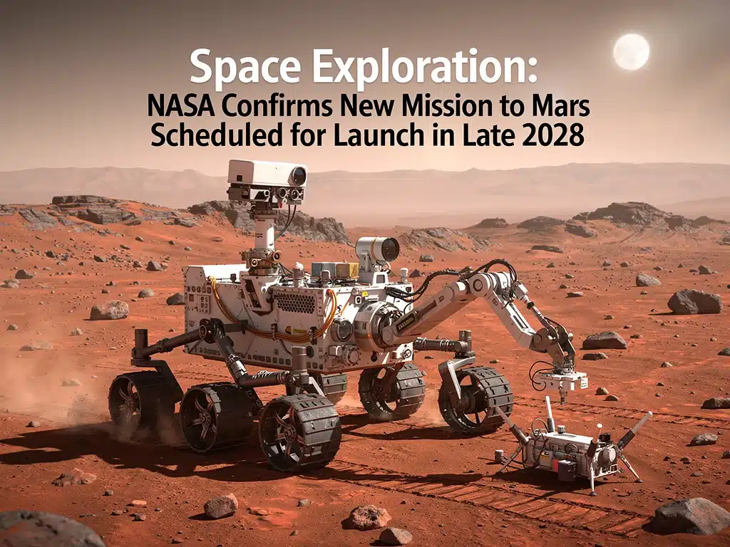 Martian rover deploying scientific instruments on the red planet's surface.