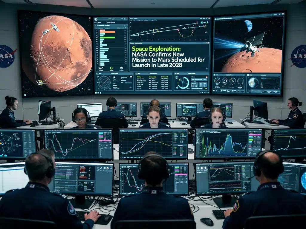 NASA mission control center monitoring Mars mission data.