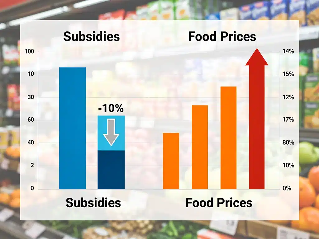 Graphic illustrating 10% subsidy shift and rising food prices due to new regulations
